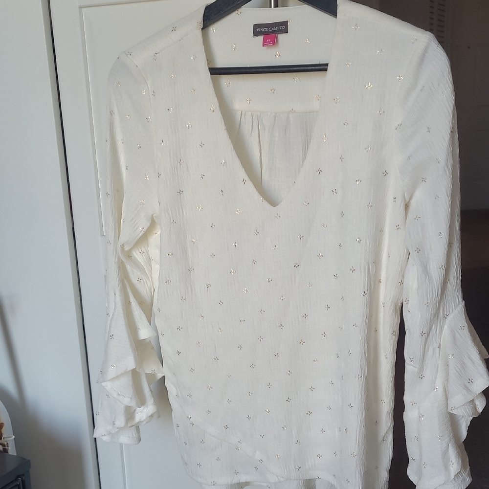 Vince Camuto Womens Cream Layered Ruffle Sleeve V Neck Gold Designs XS G/Con